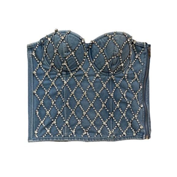Denim Rhinestone Embellished Crop Top - Picture 2 of 9